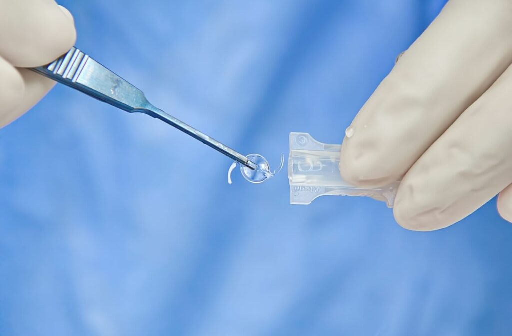 A surgeon inspects a premium intraocular lens during cataract surgery