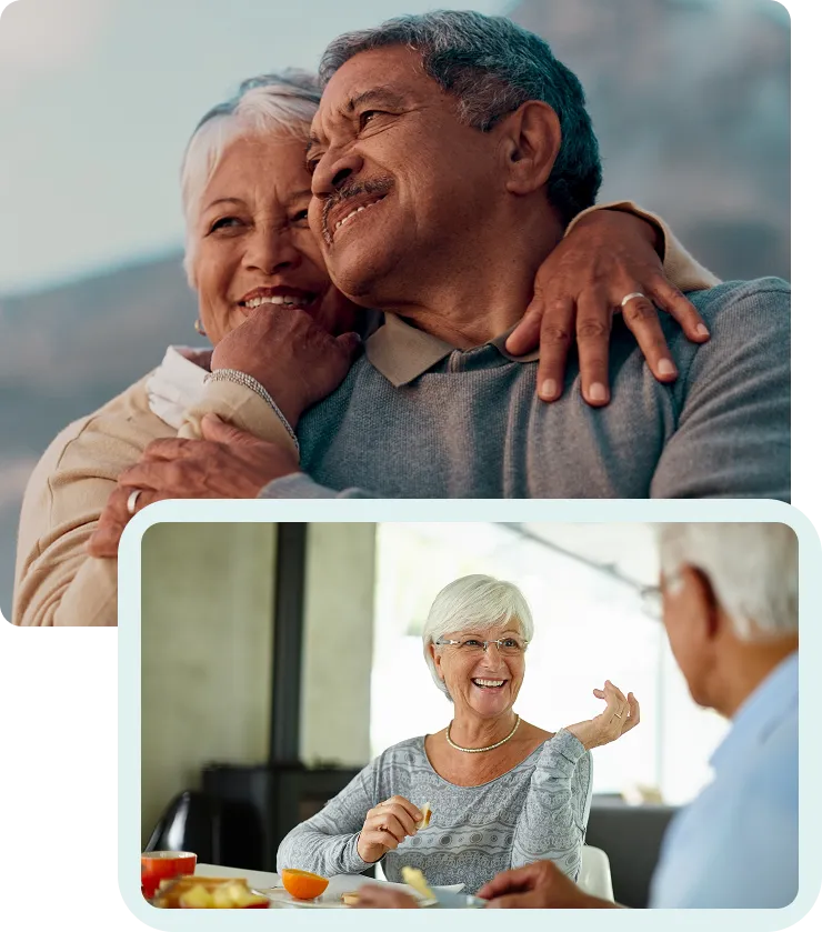 Seniors collage: outdoor embrace, breakfast joy – bliss with premium lenses clear vision.